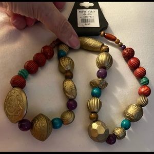 26 inch multicolour beaded necklace in golden browns & green tones